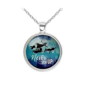 Never Grow Up Peter Pan Silver Glass Pendant Necklace New 20 Inch